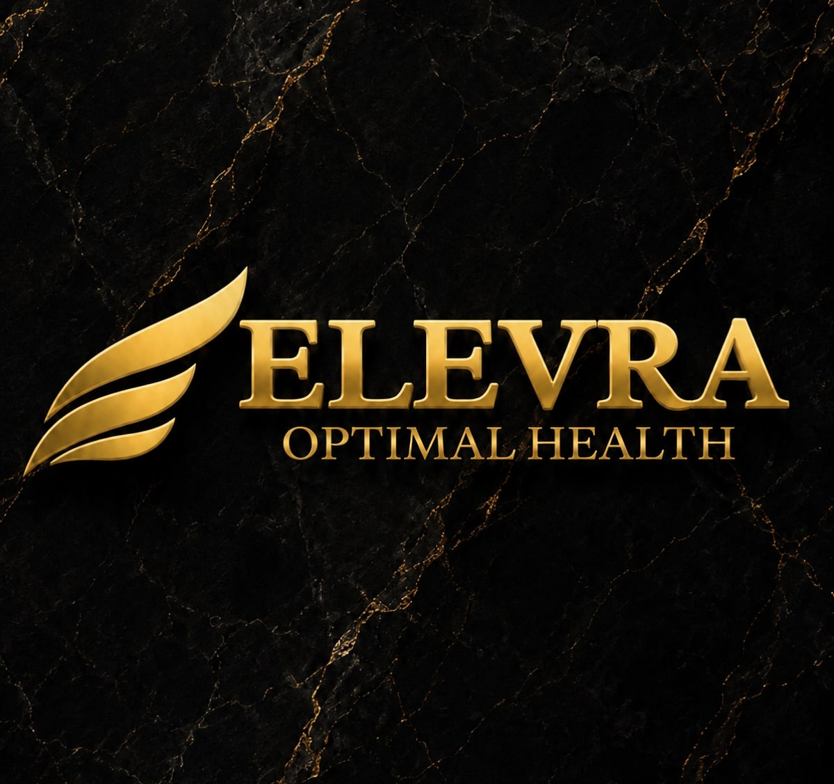 Elevra Optimal Health gold wing logo on black marble